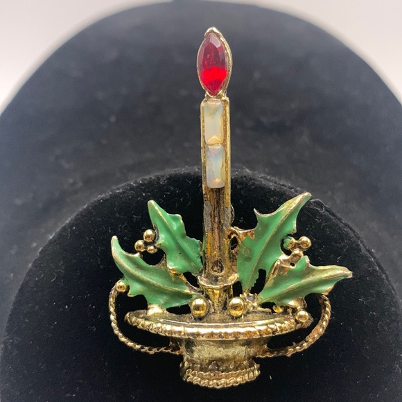 Vintage Candle Enameled Brooch Red Rhinestone Flame - Picture 1 of 5